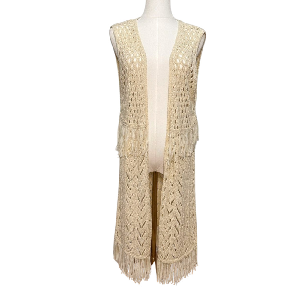 Hayden Los Angeles Crochet Fringe Sleeveless Boho Vest Cardigan Cream Small Med